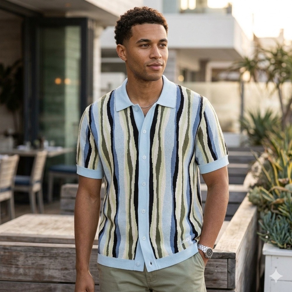 WeSC NEW Preppie Retro Mens Knit Polo XL Blue Green Stripe Button Front